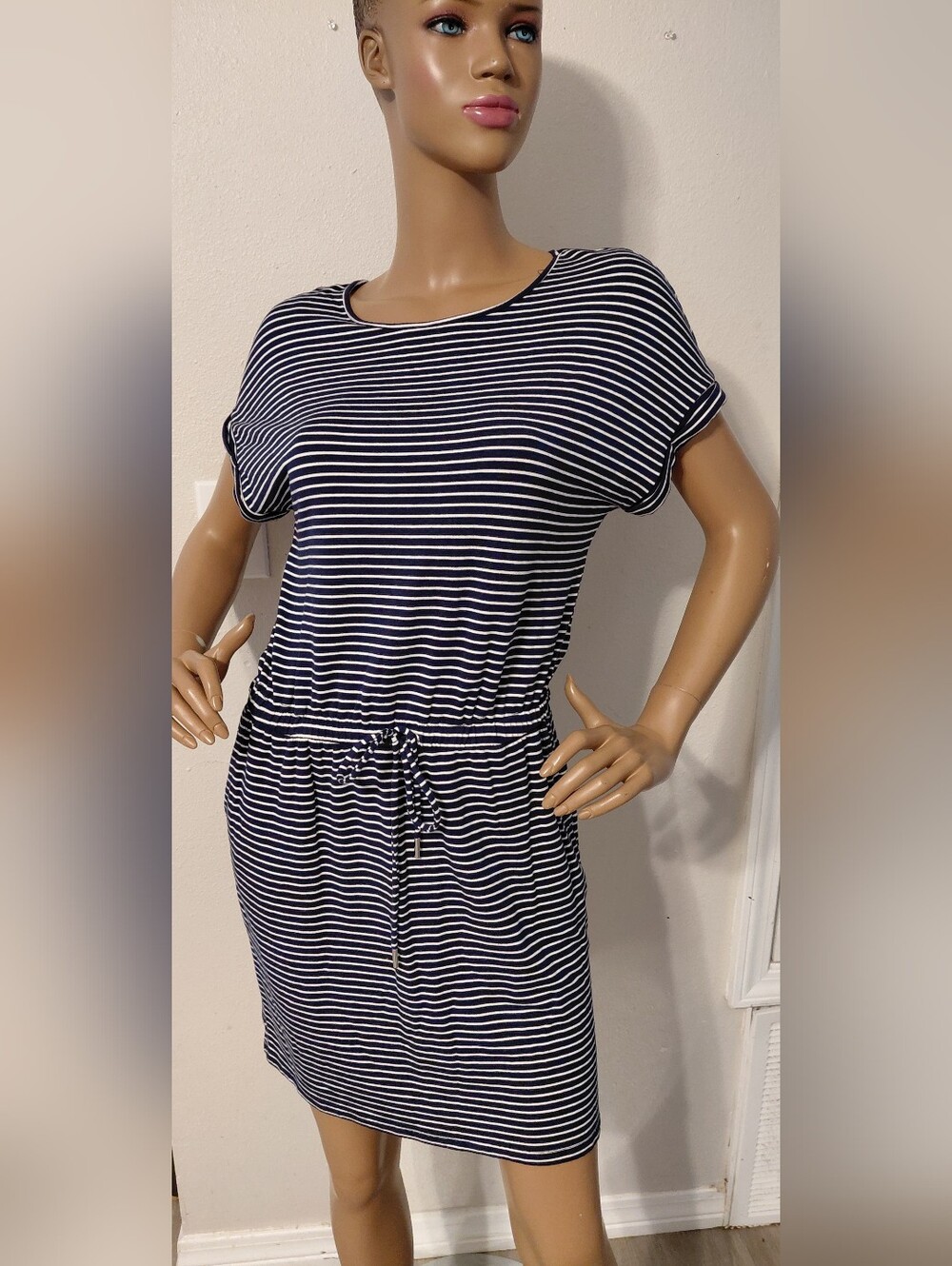 Navy and White Striped Drawstring Waist Dress